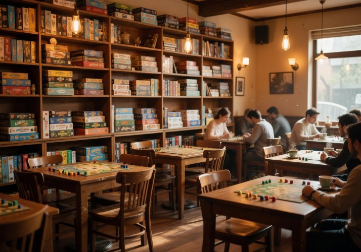 Warm, inviting interior of the board game cafe with wooden shelves filled with games