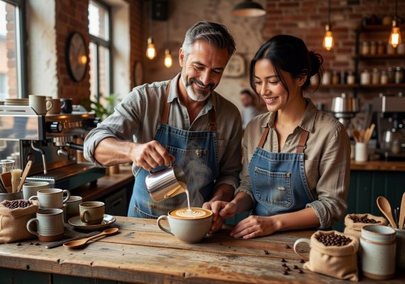 Café founders smiling and pouring an artisanal latte behind a wooden counter