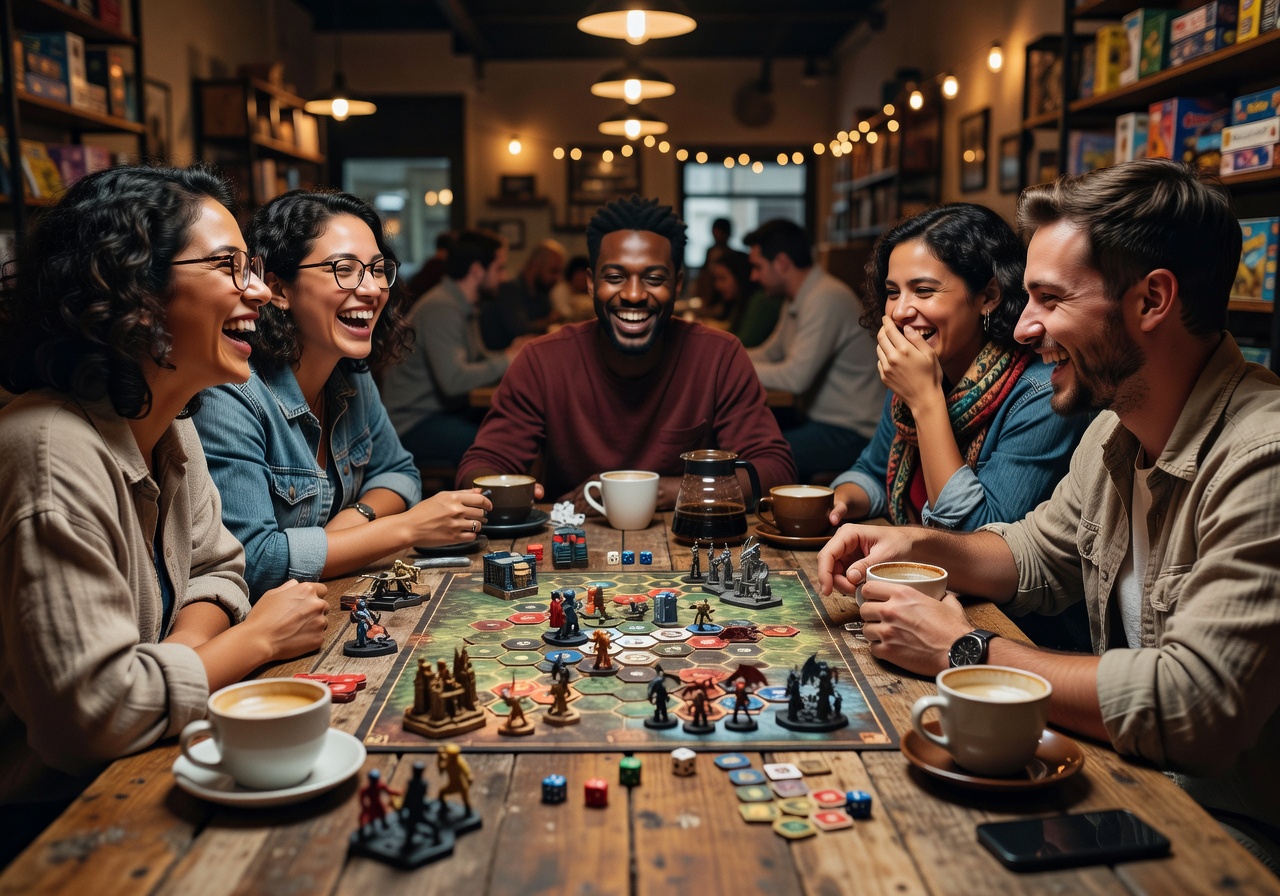 Group of friends laughing and playing a tabletop strategy game with coffee cups on a wooden table