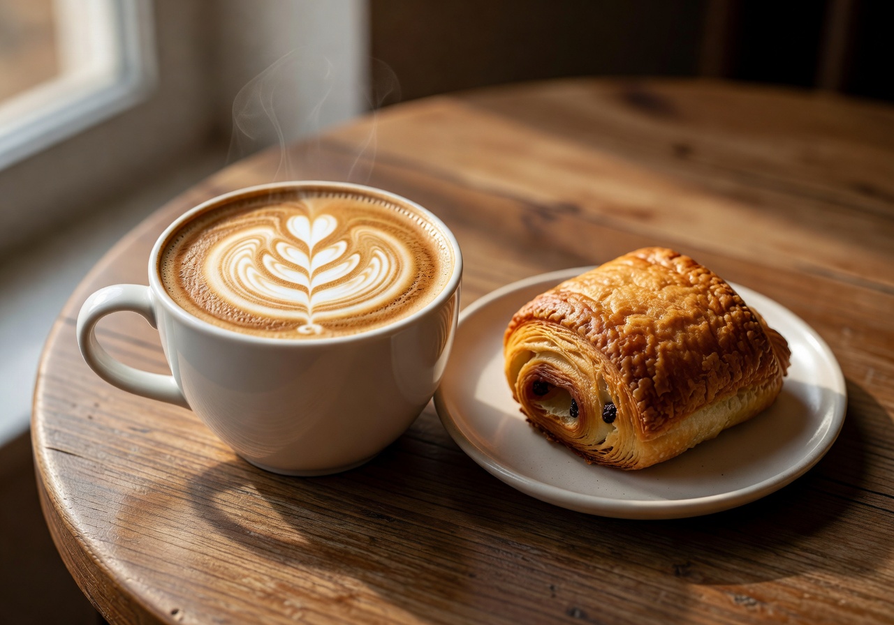 A beautiful latte art coffee next to a clean, fork-friendly pastry on a wooden table