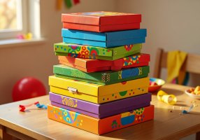 Stack of colorful party board games