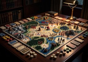 Complex strategy board game set up on a table